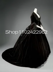 Black Velvet Historical Walk Ball Gown Prom Dresses Fiary Long Sleeve Lace Applique Square The Tudors Costume Evening Gown