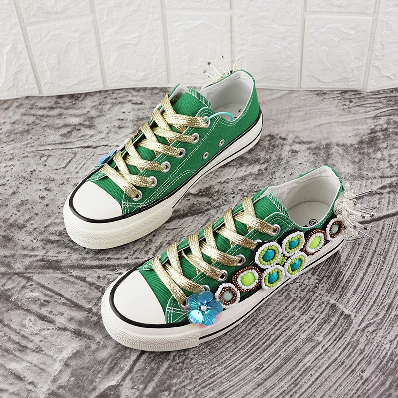 Europe Station Spring/Summer Heavy Industry Canvas Shoes Green Women Rhinestone Casual Shoes Women Sneaker Hand-made