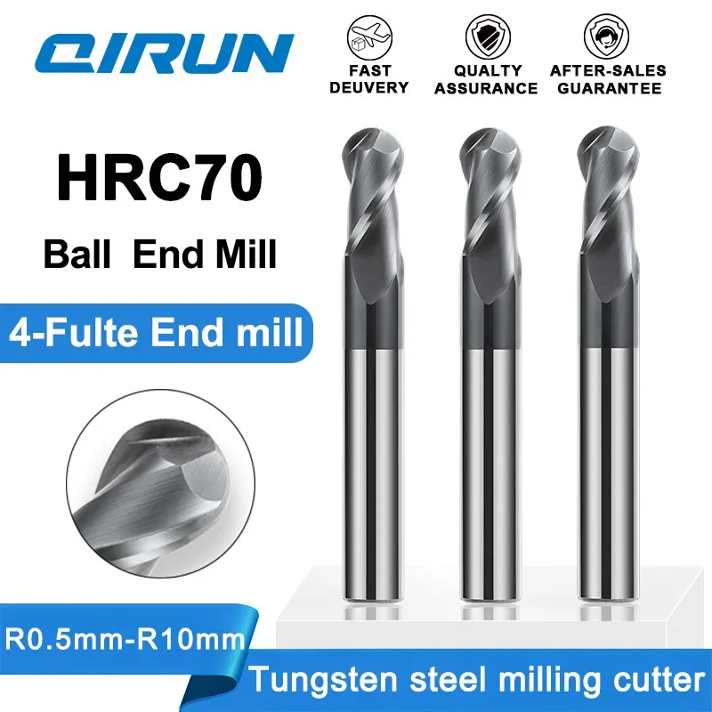 QIRUN HRC 70 2-Flute nano-coating, carbide ball head milling cutter, CNC machining cutter, stainless steel special R ball cutter