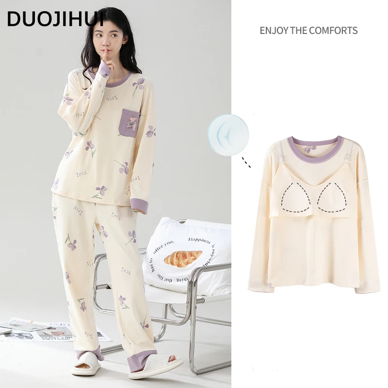 DUOJIHUI Contrast Color Fashion Pocket Pajamas for Women Classic with Chest Pad Top Loose Simple Pant Casual Female Pajamas Set