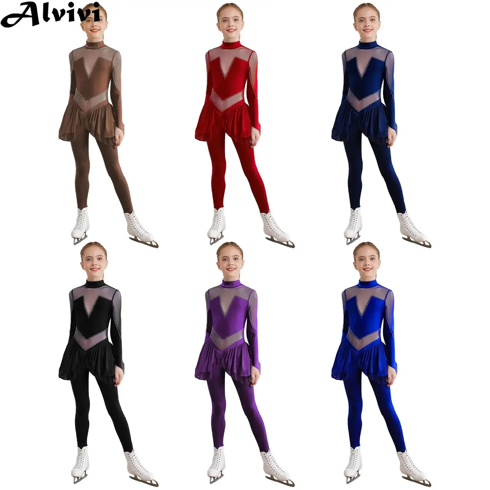 

Kids Girls Figure Skating Leotard Long Sleeve Shiny Rhinestones Sheer Mesh Jumpsuit Ballet Dance Gymnastics Acrobatics Costume