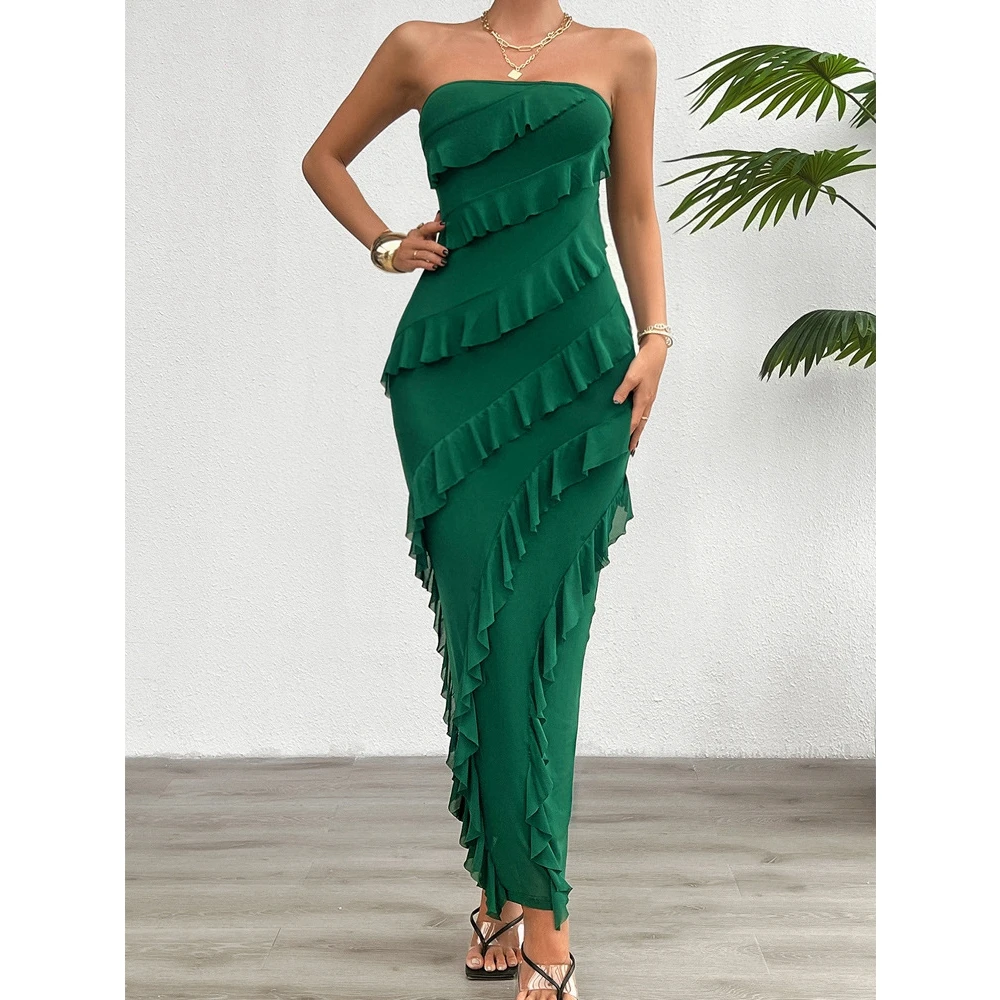 Mulheres bandeau em camadas babados maxi vestido de verão femme fino ajuste volta fenda sem alças elegante bodycon vestidos festa wear