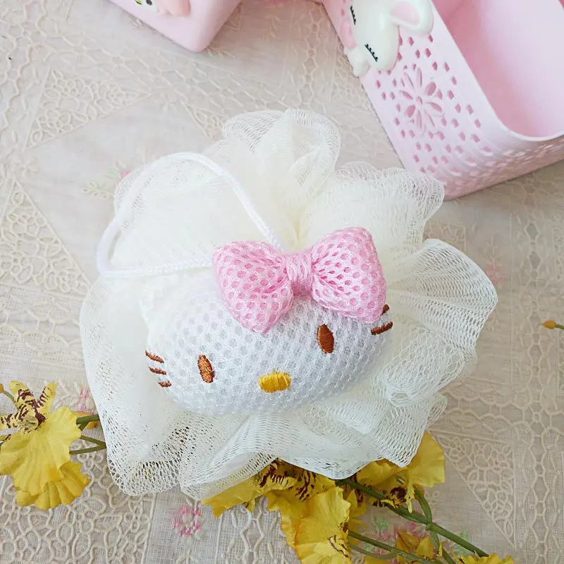 Sanrio New Cute White Hello Kitty Bath Flower Pink My Melody Shower Ball Large Girl Bathing  Back Rubbing Kawaii Cartoon Doll image 2
