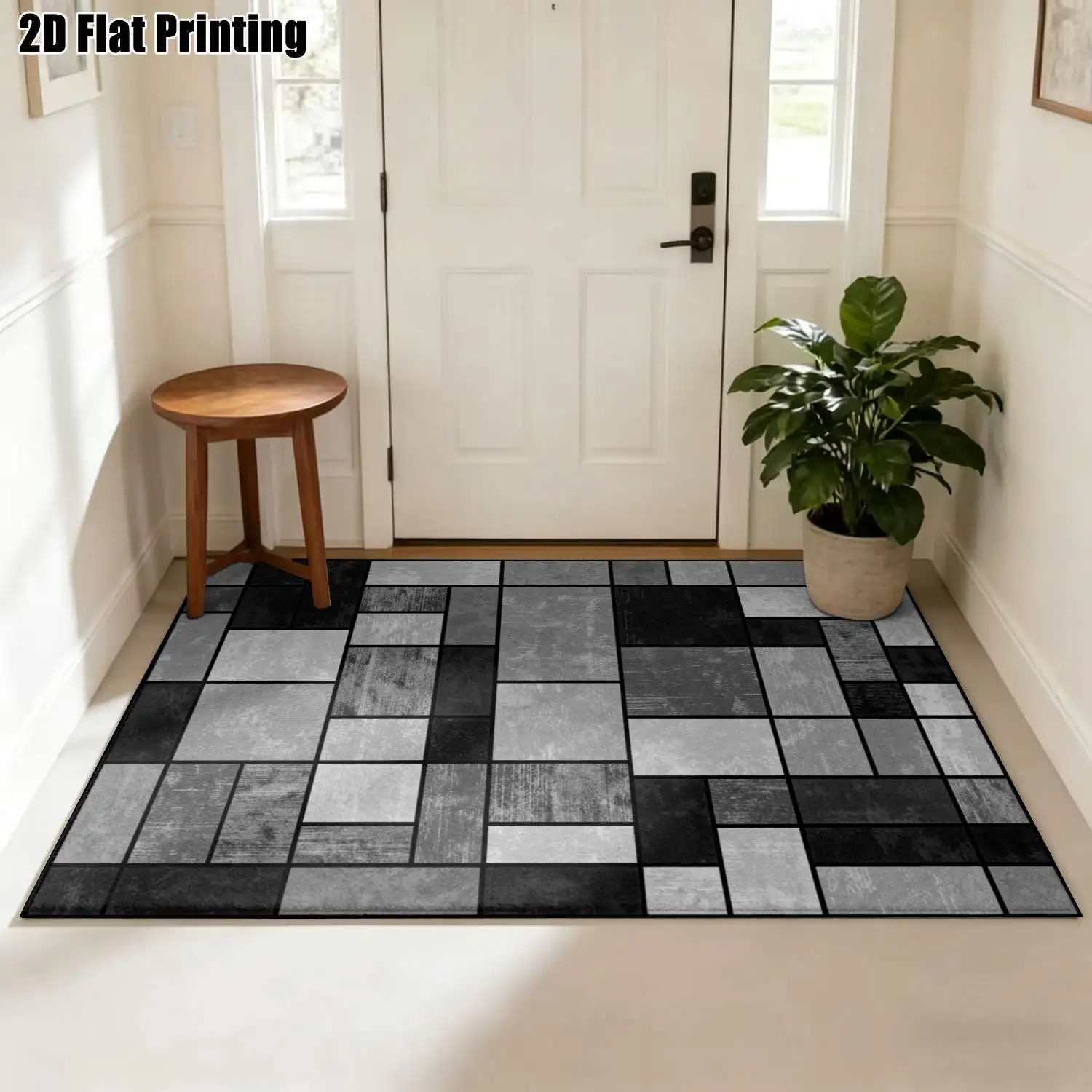 1Pc 2D Printed Geometric Black-Grey-White Carpet: Nordic Modern Minimalist Instagram Vintage Rug for Home Decor, Multi-Size, Machine Washable, for Entryway, Dining, Foyer, Living Room, Bedroom