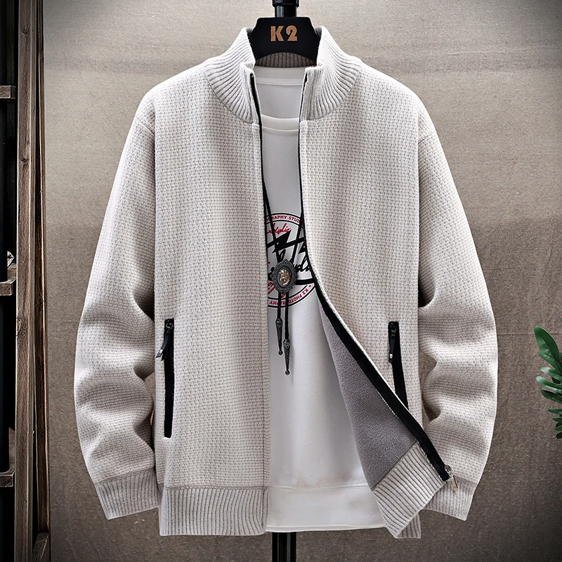 

New Mens Winter Sweater Thick Fleece Warm Cardigan Sweaters Casual Stand Collar Full Zip Cardigans Zip Pockets Solid Outwear