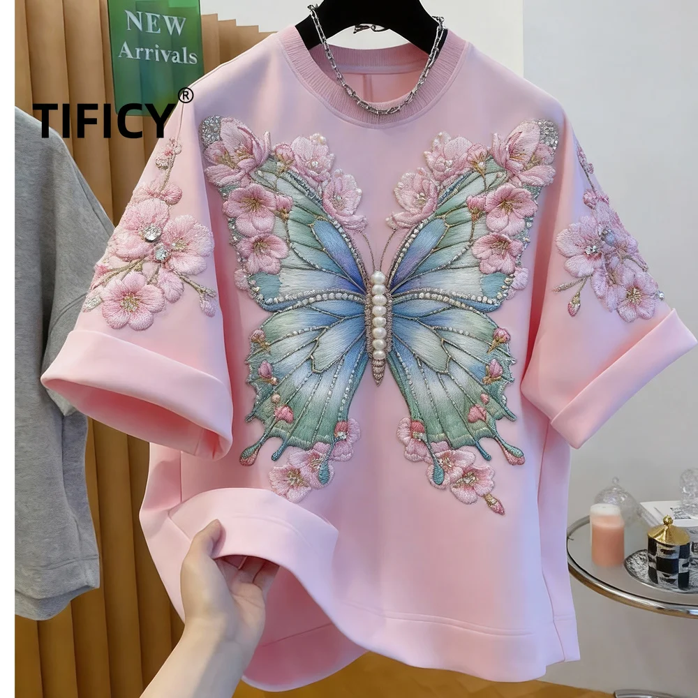High Street Tees T-shirts Women's Summer New Style Beautiful Loose Fashion Versatile Nail Bead Printed Tshirts Top