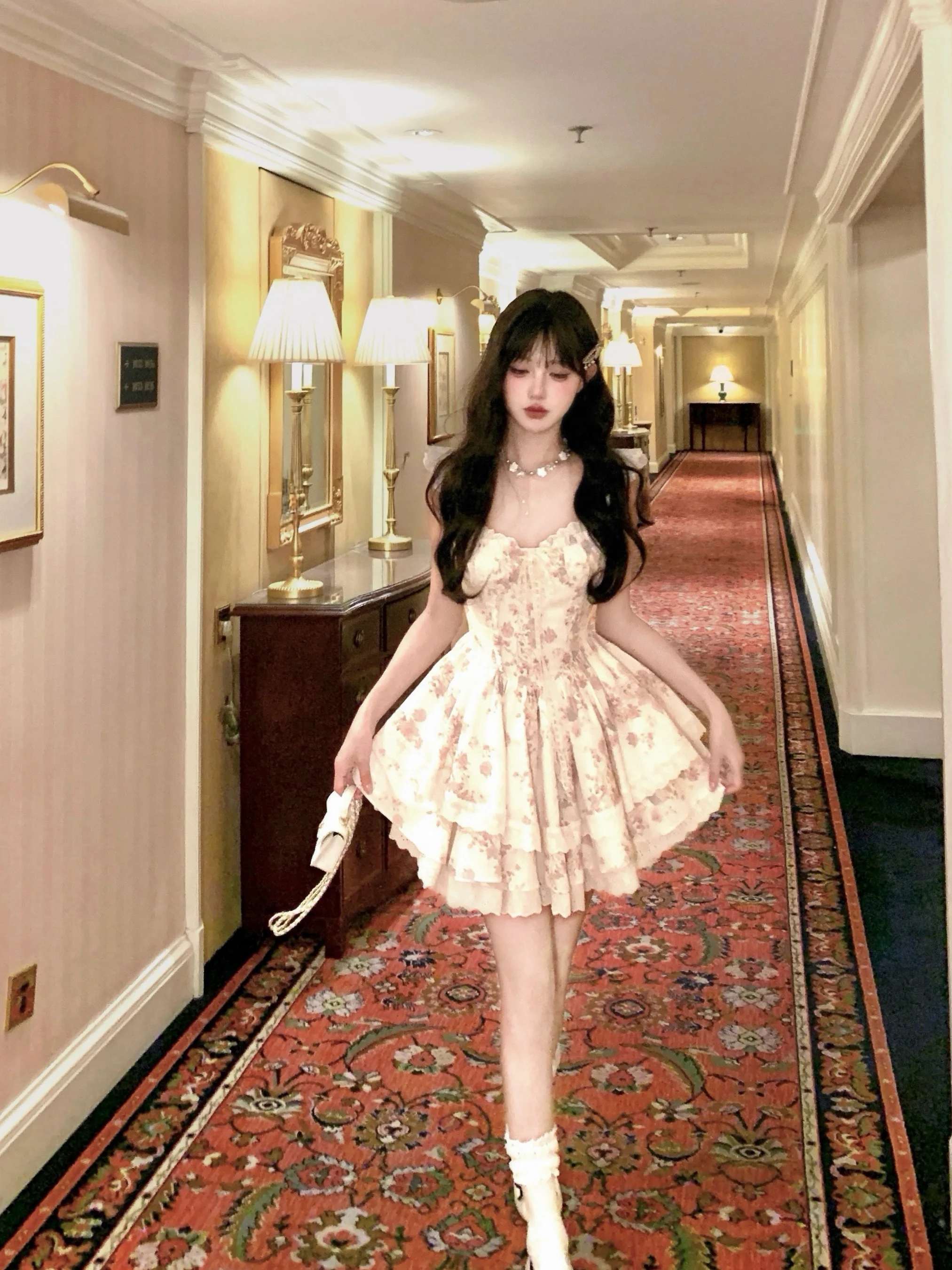 

Sweet Princess Style Floral Print Puffy Sleeve Short Dress Women's Cotton Gored Skirt Sleeveless Gathered Waist Dress