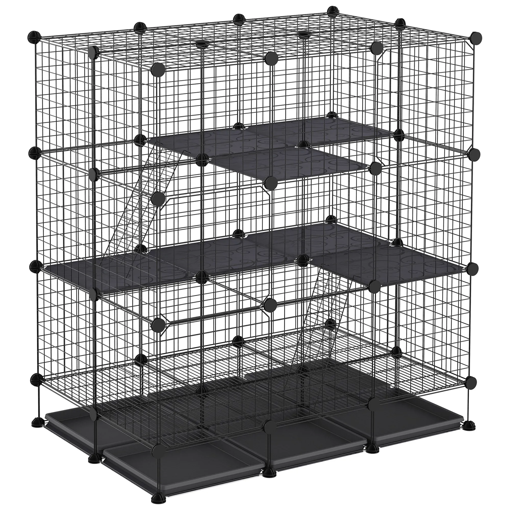 PawHut Cage Park knaagdierverblijf modulair dim. L 111 x L 75 x H cm 3 niveaus 4 deuren zwart metallic draad
