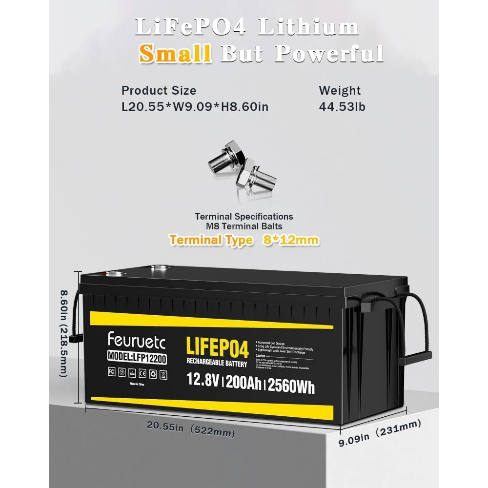 12V 200Ah LifePO4 Battery - Iron Phosphate 15000+ Deep Cycle Lithium Battery with 200A BMS, Solar Energy Storage Batteries