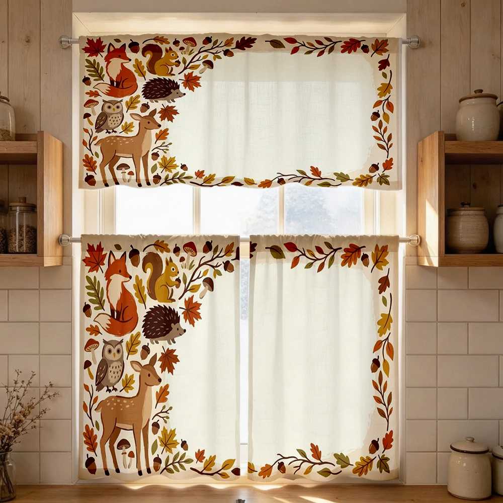 Fall Kitchen Curtains, Forest Animal Fox Deer Squirrel, Digital Print, Kitchen Dining Room, Rod Pocket Polyester, Home Decor