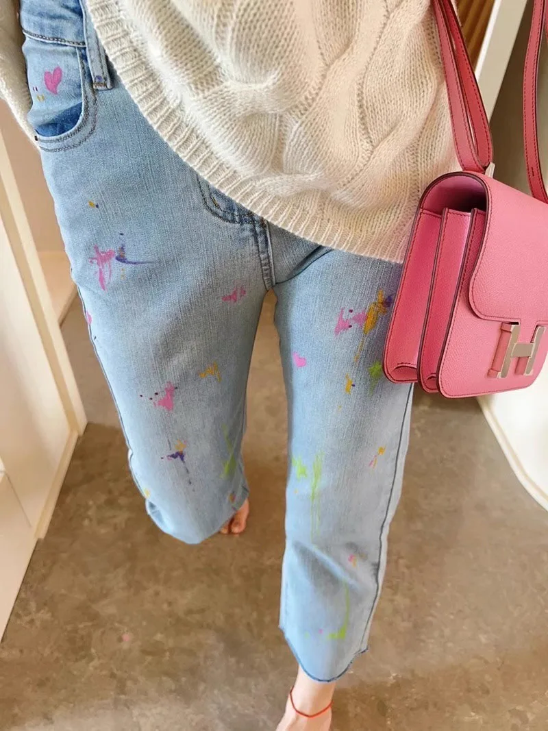 

Heart Graffiti Distressed Denim Jeans Men Women Summer Casual Creative Loose Fit Straight Leg Jeans Teenagers Cotton
