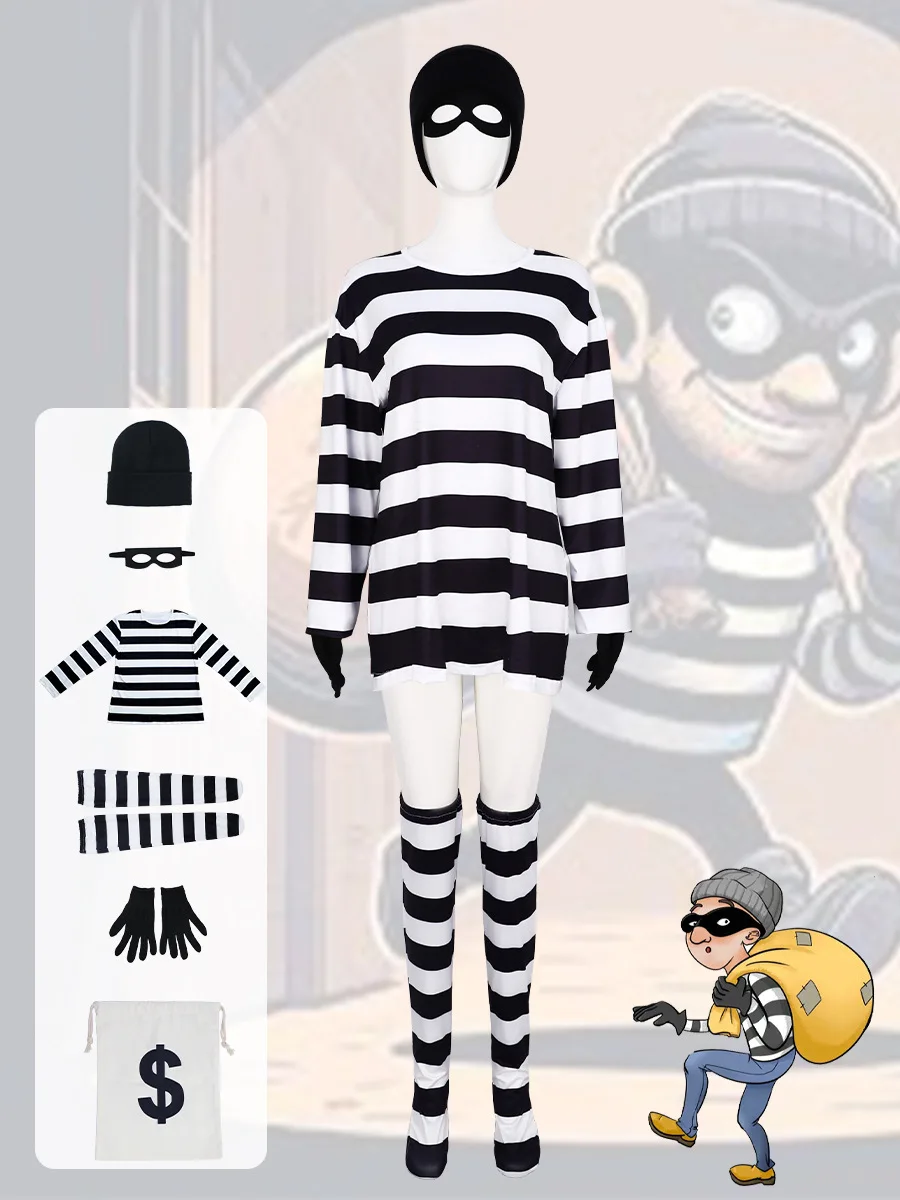 

Thief Cosplay Costume for Halloween Long Sleeved Striped T-shirt Canvas Bag Gloves Eye Mask Knitted Hat Outfit for Adult