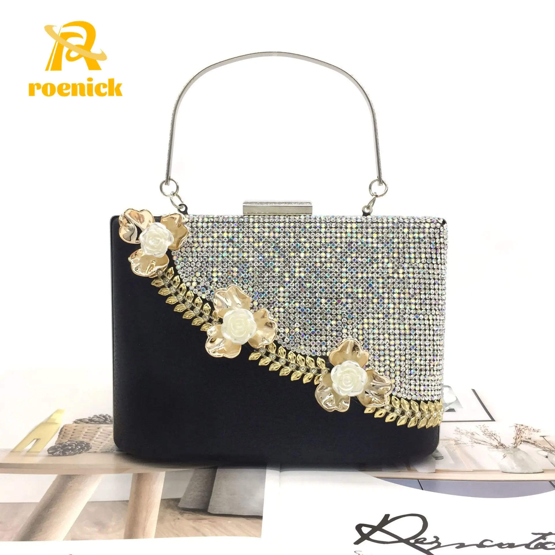 

ROENICK Women Flower Evening Bags with Metal Handle Retro Diamonds Crossbody Shoulder Handbags Purses Beaded Bridal Mini Totes