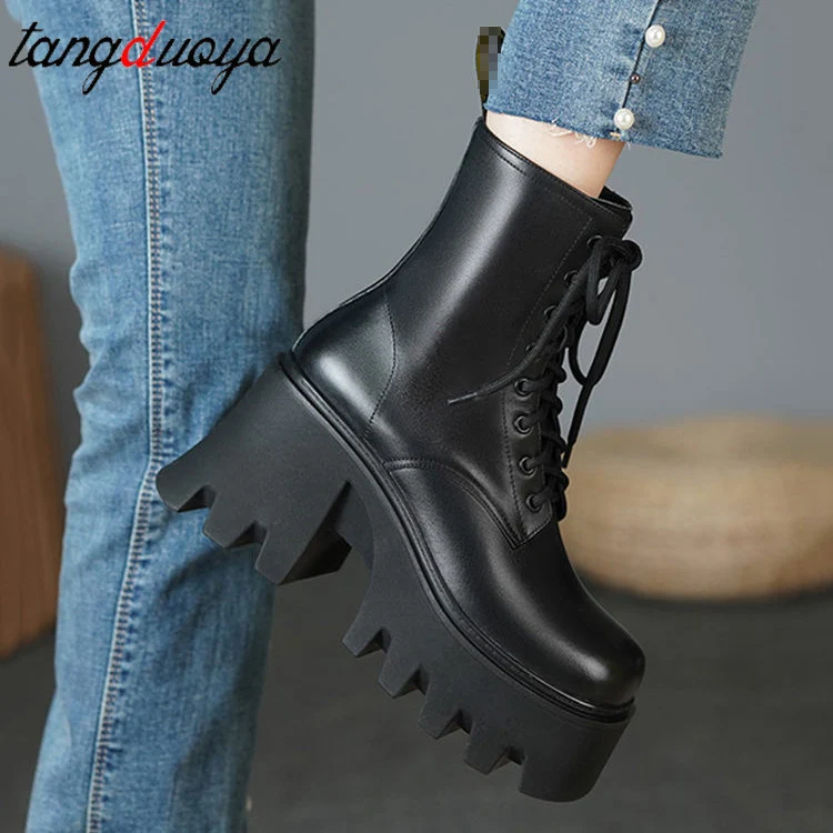 Punk Goth Ankle Boots Women Black Chunky Wedge Platform Shoes Woman Lace Autumn Patent Leather Footwear Lady Botas Mujer