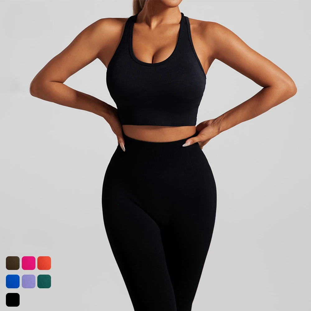 Seamless Yoga Set Two Piece Set Womens Outifits Workout Gym Set Fitness Clothing Tracksuit Backless Crop Top Leggings Sport Suit image 2