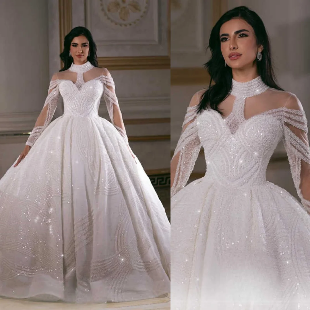 Pretty Sequins Ball Gown Wedding Dresses High Neck Long Sleeve Bridal Gowns Beadeds Vestidos De Novia Customized