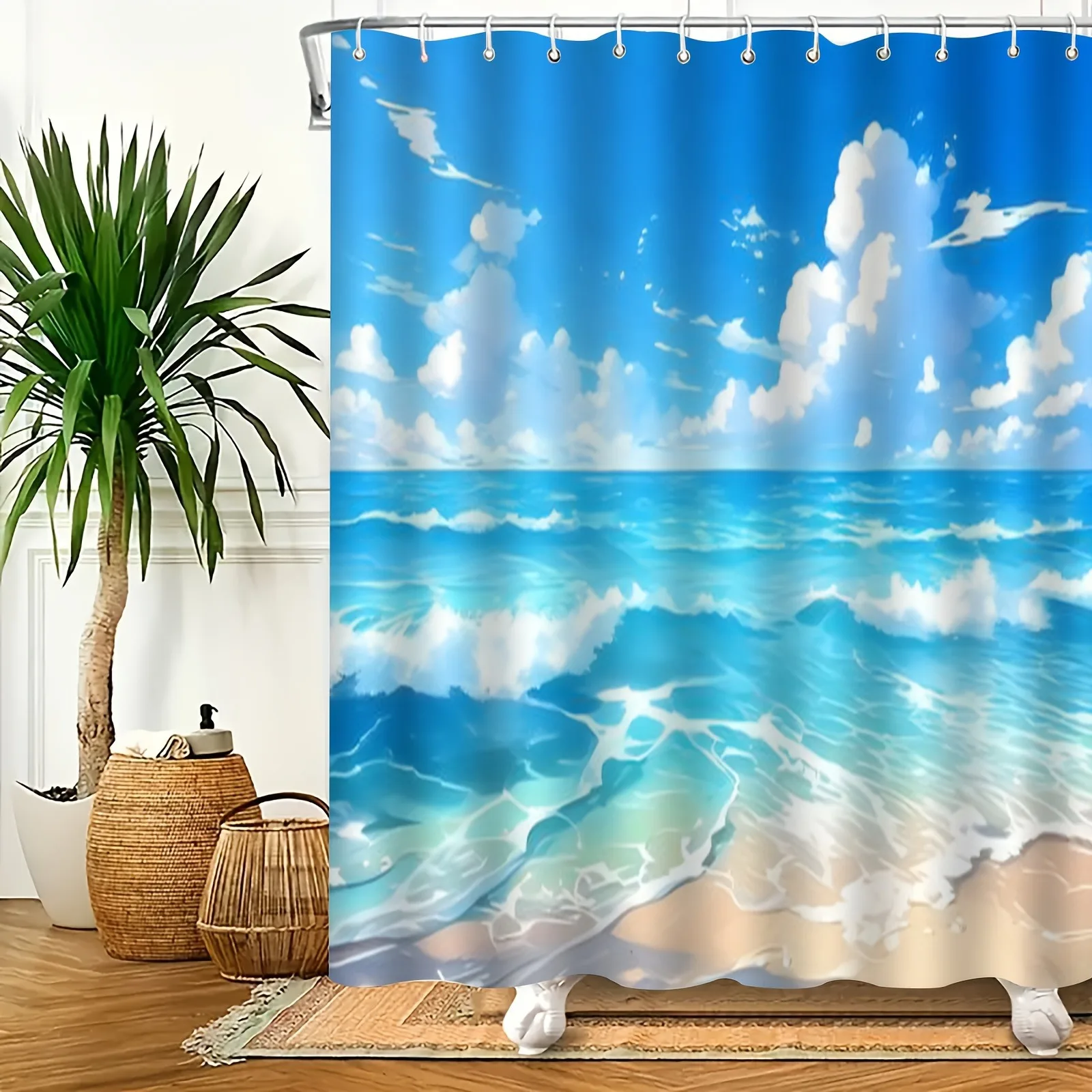 海辺の青い波模様のシャワーカーテン-洗える汚れに強いシャワーヘッド-防水ポリエステルバスカーテン