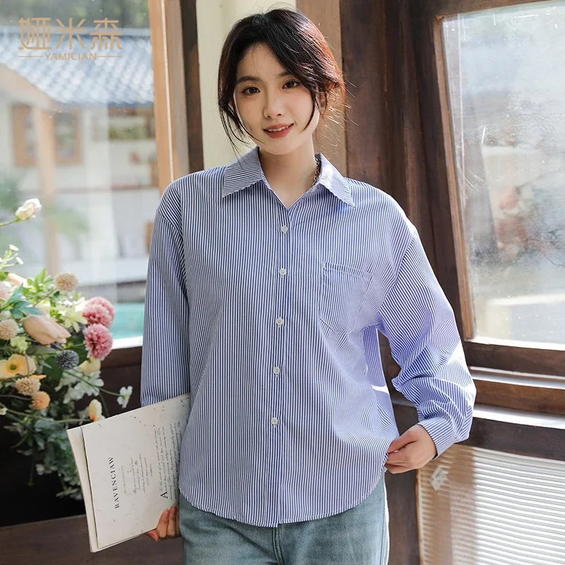 

Женская сине-белая полосатая рубашка с длинным рукавом, свободная повседневная блузка на пуговицах, весенне-осенняя рубашка