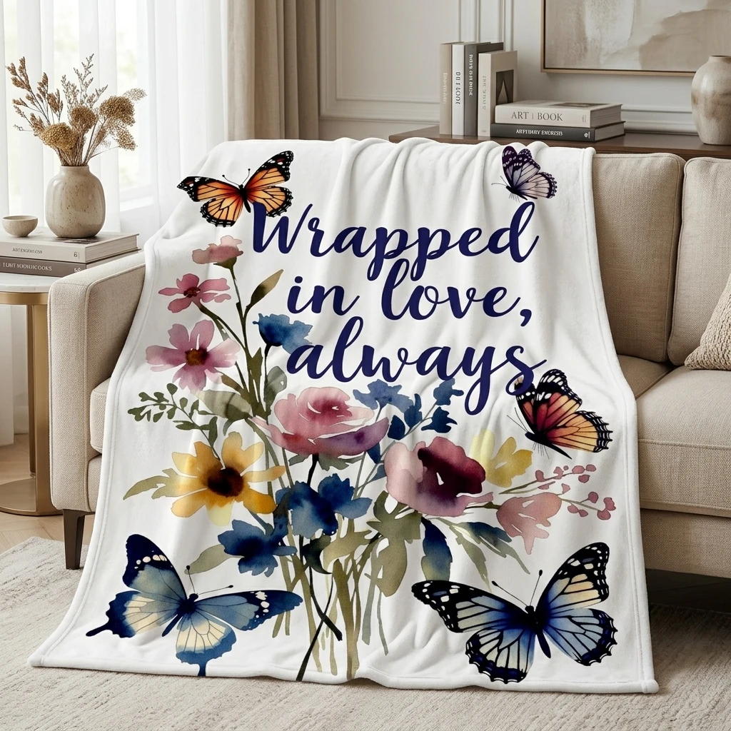 

Watercolor Butterfly & Wildflower Flannel Throw Blanket, "Wrapped in Love, Always" Inspirational Love Gift Blanket