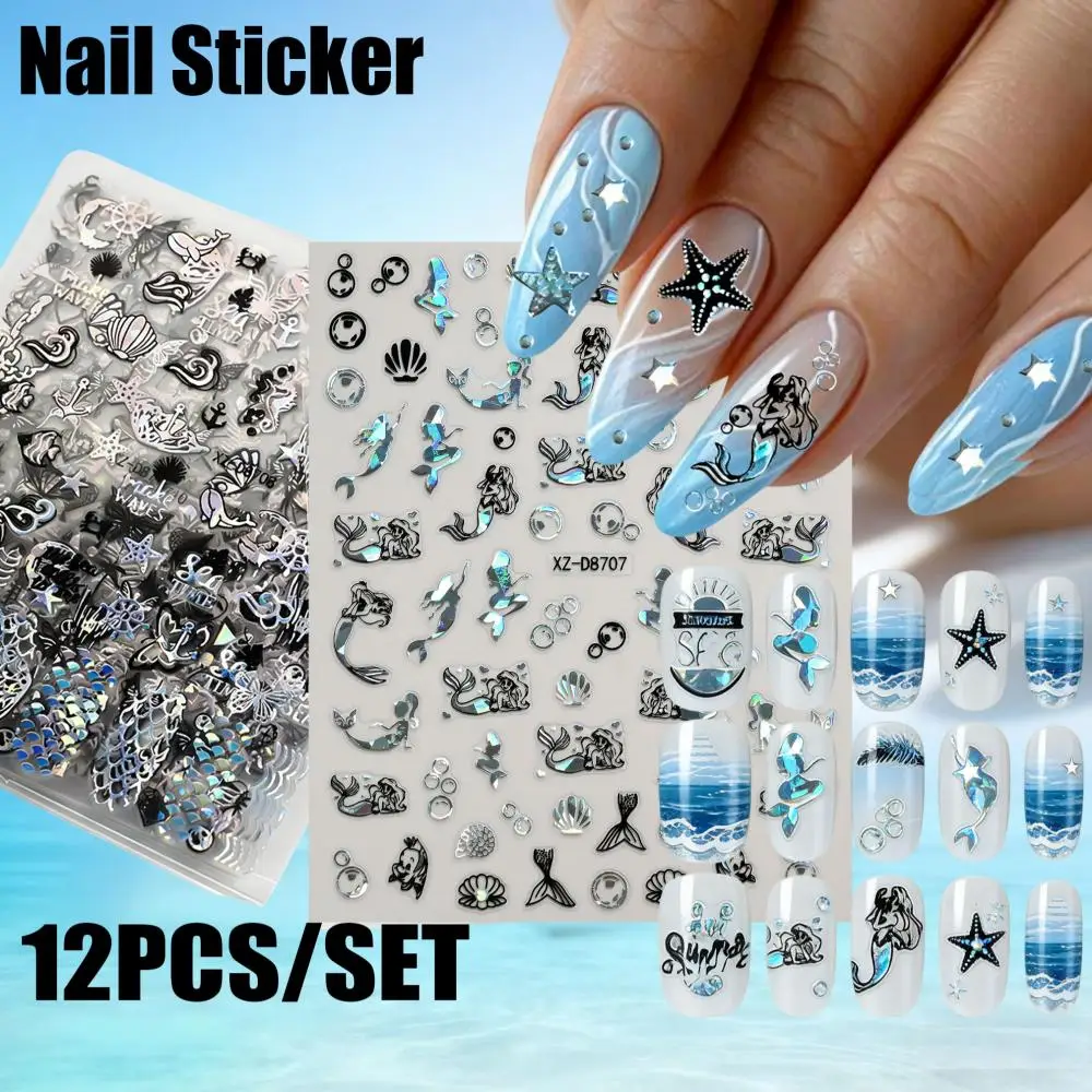 12Pcs Holographic Summer Ocean Themed Nail Stickers Mermaid Starfish Seashell Nail Decals Laser Silver Black Beach Nail Supplies view 3