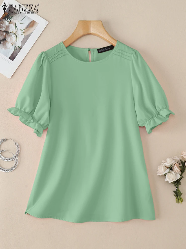 

ZANZEA Elegant Pintuck Blusas Mujer O-Neck Women's 2025 Fashion Ruffles Trim Smock Tops Short Puff Sleeve Summer Blouses