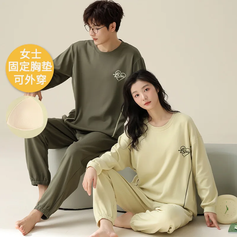 Couples Cotton Spring and Autumn Long Sleeves Sleepwear Women Pajamas with Chest Pad Men Fashion Nightwear pijamas para parejas