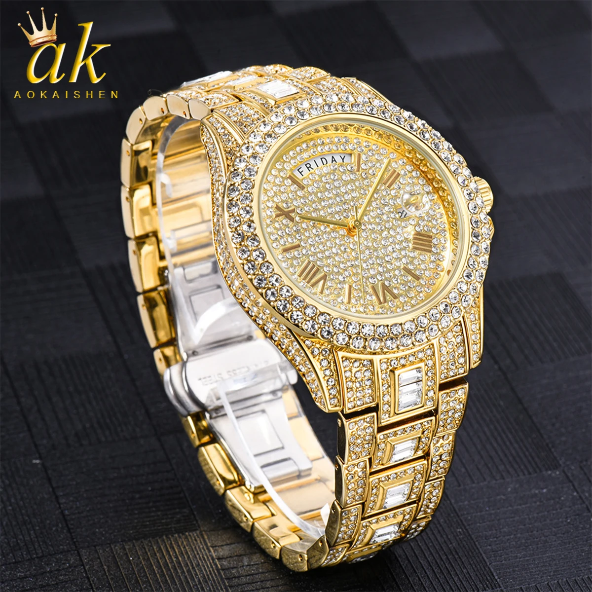 Aokaishen Dual Calendar Watch for Men Quartz Clock Luxury Rhinestone Business Waterproof Hip Hop Fashion Jewelry 2023 New Trend