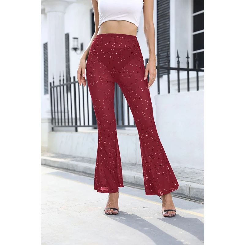 2024 New Spring Summer Women Sparkle Rhinestone Sexy Perspectivity Slim Pants Spicy 2000s Girl Fashion Y2k Street Flared Pants