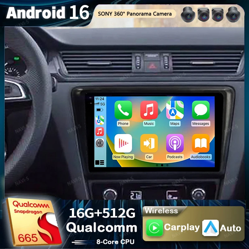 Rádio Multimídia Automotivo 2K com Android 16 para Skoda Rapid, Seat Toledo 2013-2017, GPS, Voz AI, CarPlay e Navegação Estéreo