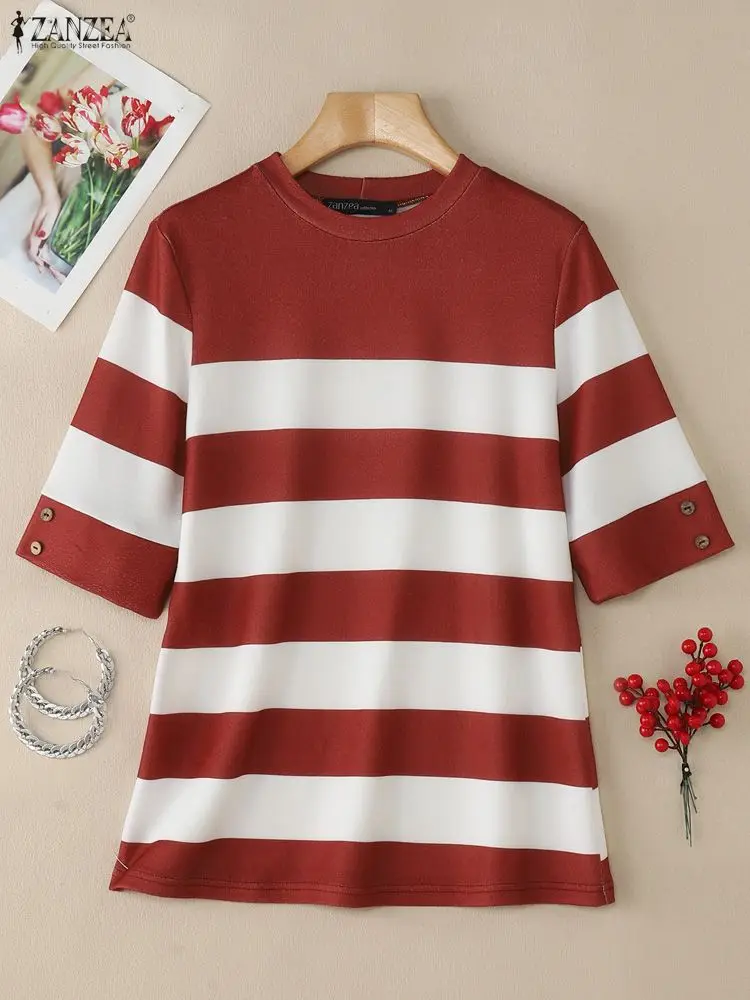 ZANZEA المرأة مخطط التباين اللون البلوزات عادية س الرقبة نصف كم أزرار تي شيرت الخريف الكورية موضة ملابس امرأة 3XL #2