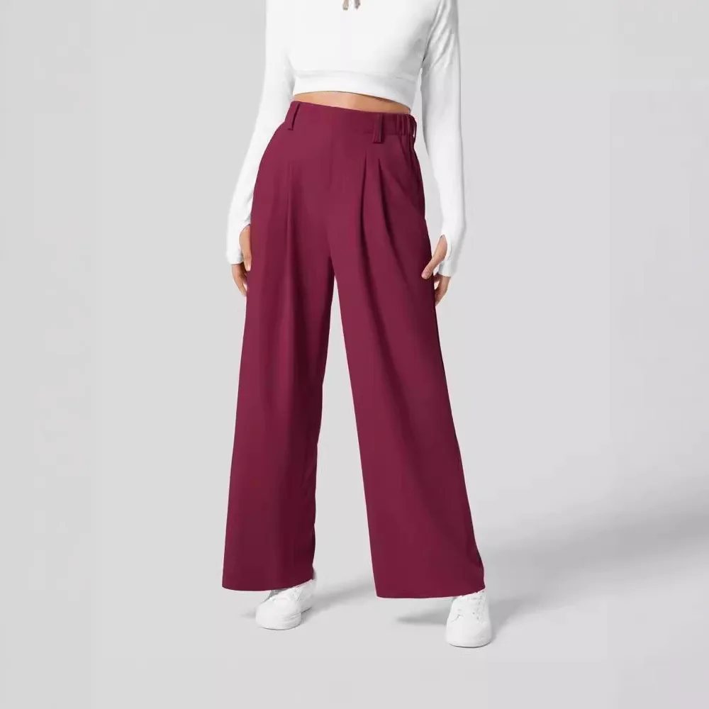 Women's solid color pocket straight leg loose elastic yoga pants; street style elastic wide leg pants; sports leisure