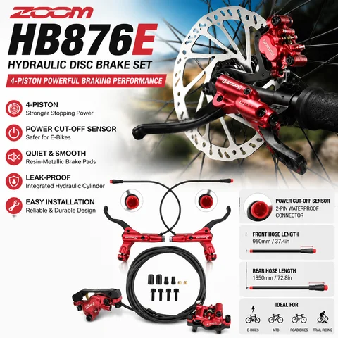 Juego de Frenos de Disco Hidráulicos ZOOM HB876E, Kit de Frenos para Bicicleta Eléctrica de 4 Pistones con Sensor de Corte de Energía, Frenos Hidráulicos de Alto Rendimiento para Bicicletas Eléctricas, Bicicletas de Montaña y Bicicletas de Carretera - Rojo
