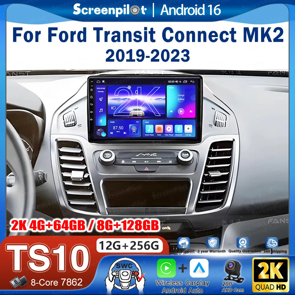 Radio Estéreo para Auto con Android 16 para Ford Transit Connect MK2 2019-2023, Reproductor Multimedia de Video, Navegación, Pantalla Táctil, GPS