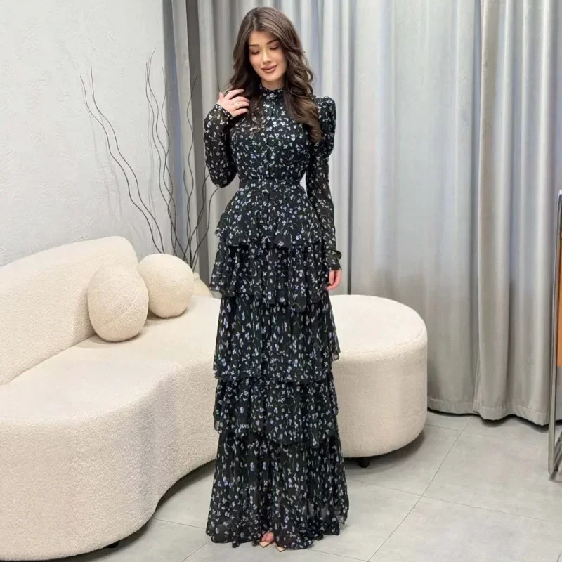 2026 Autumn New European Women Fashion French Collar Cake Dress Floral Print Long Sleeve Maxi Dress Elegant