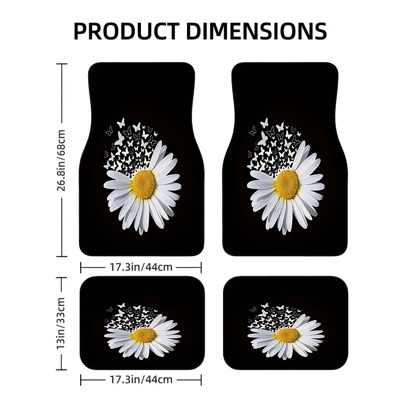 4pcs Floral Car Floor Mats - Black & White Daisy Pattern, Non-Slip Backing, Fit For All Vehicles, Easy-Clean Interior Decor - El