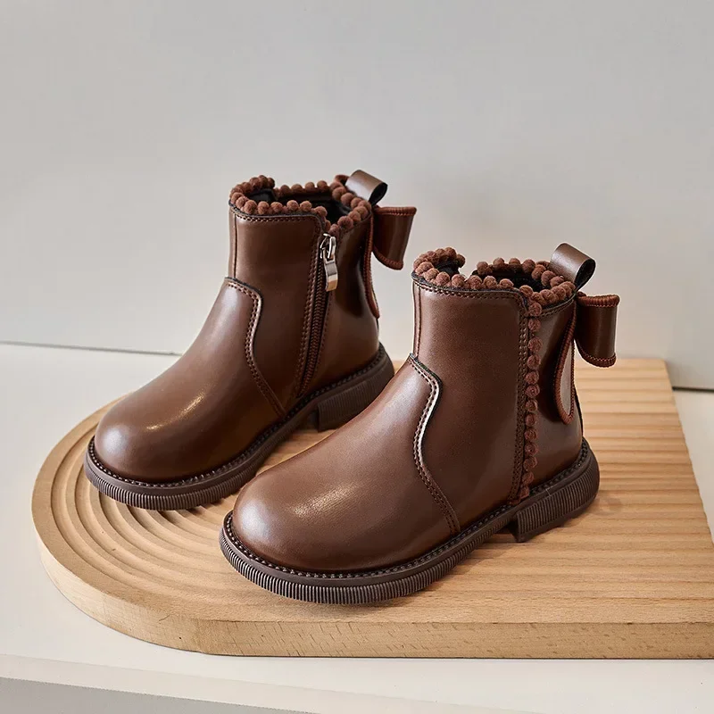 Girls Ankle Boots with Back Bow-knot Kids Short Boots Soft Sole 2026 New Girls' Princess Leather Boots with Warm Cotton Side Zip