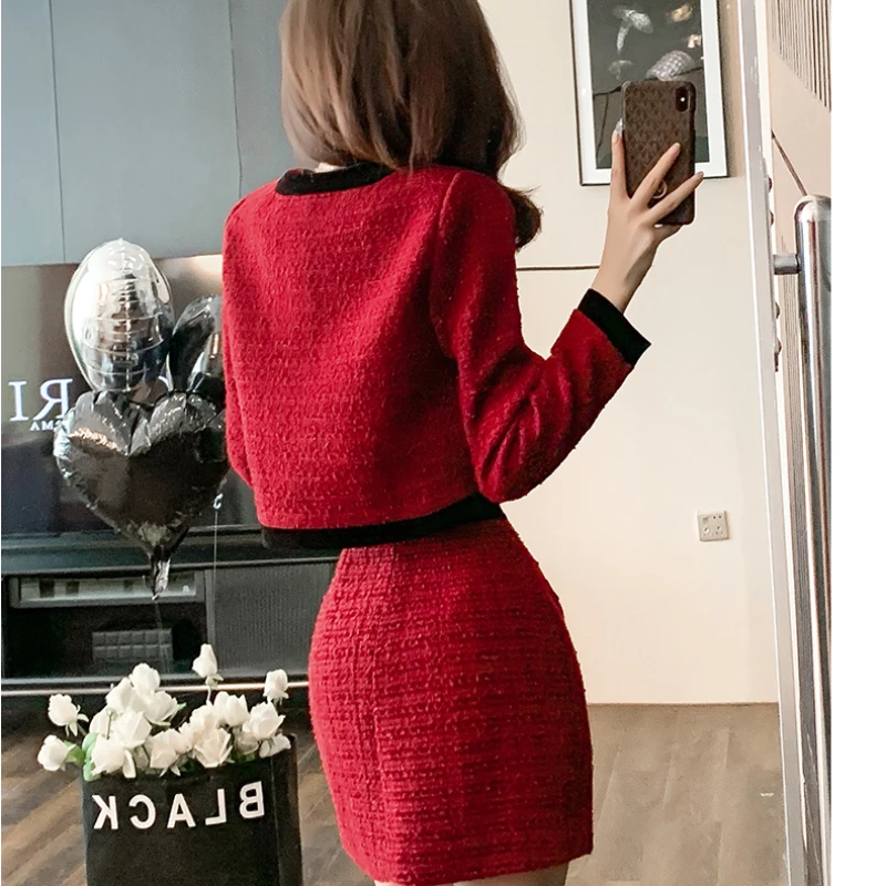 New Woman\'s Autumn Winter Small Fragrance Short Blazer Mini Skirt Suit Retro Contrast O Neck Tweed Suit Overskirt Two-piece Set