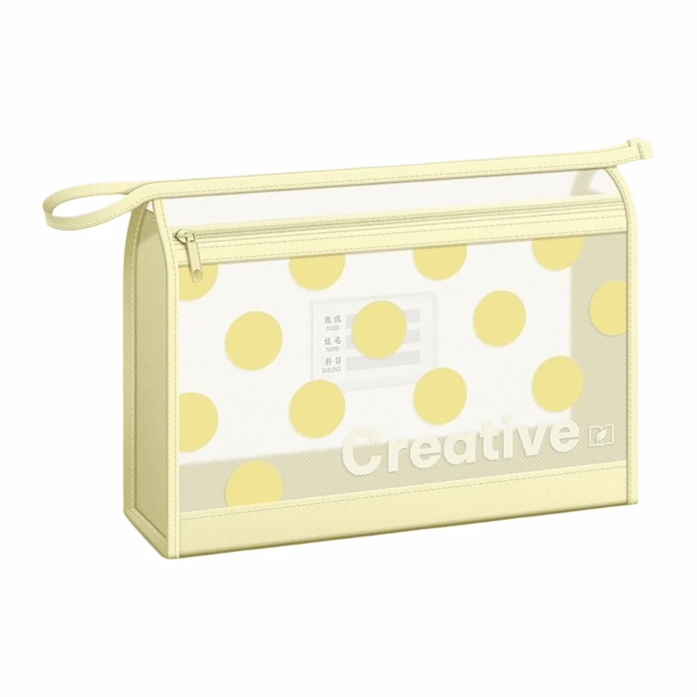 Portable Mesh File Bag Double-Layer Polka Dot Print Document Bag with Handle Zipper Design File Pouch School Supplies