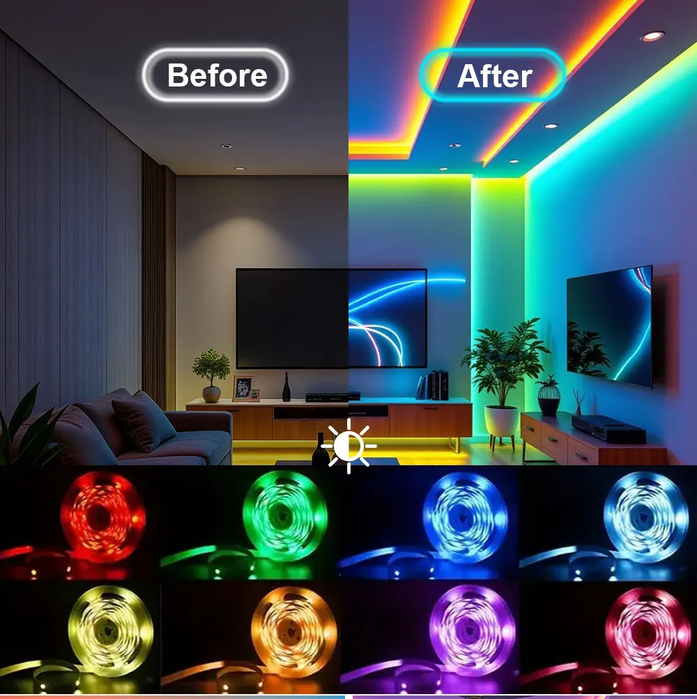 

Светодиодная лента RGB с Bluetooth, синхронизация с музыкой, управление через приложение/пульт, для спальни, кухни, игровой комнаты, декор, 6 светодиодов, DIY
