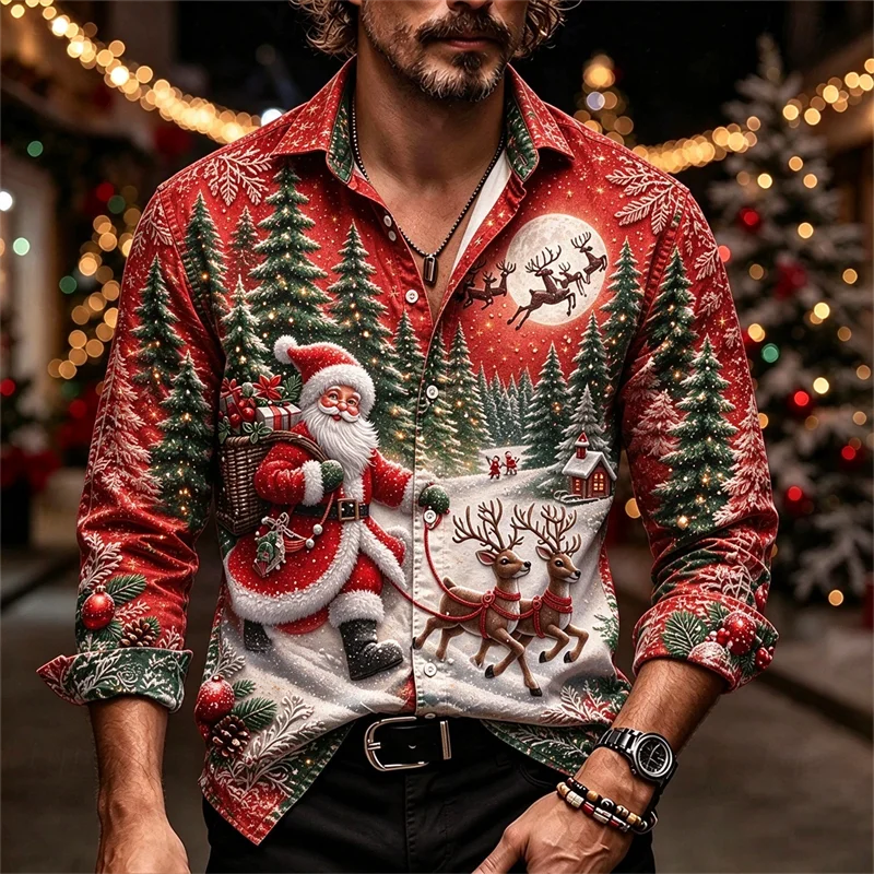 New men's shirt Santa Claus reindeer pine forest snow scenery moon snowflake print slim Christmas shirt