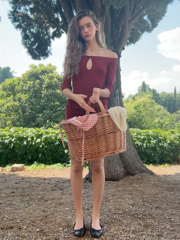 Sukienka mini bez pleców, seksowna, z wycięciami, dekolt typu slash, rękaw 3/4, obcisła, elastyczna, modna, dla dziewczyn, styl uliczny, jednolita, bodycon.