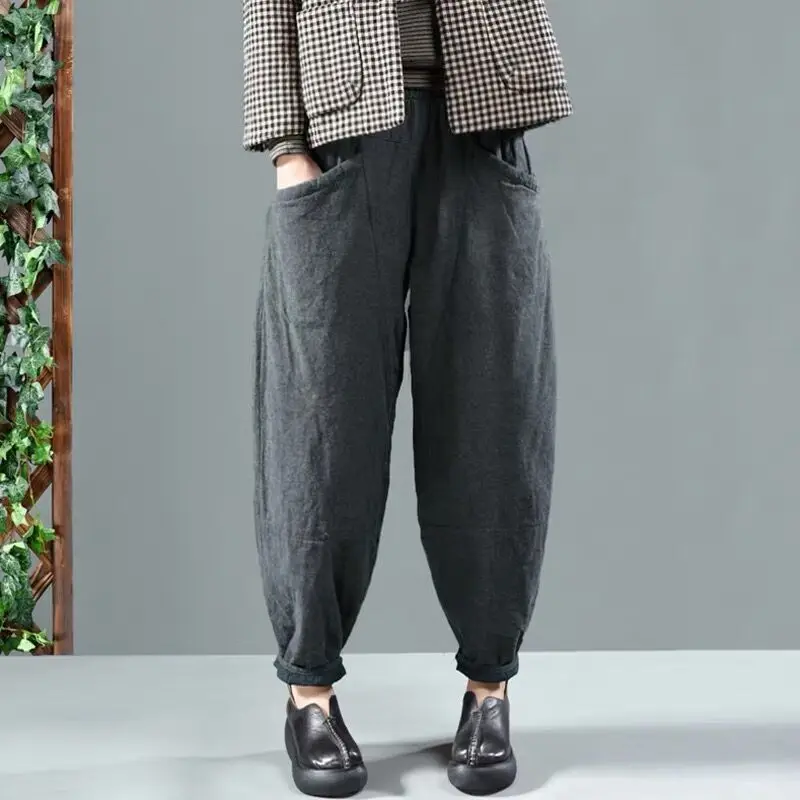 

New Silk Cotton Bloomers Women's Solid Color Elastic Waist Pocket Original Spliced Loose Thick Warm Radish Pants XY1612