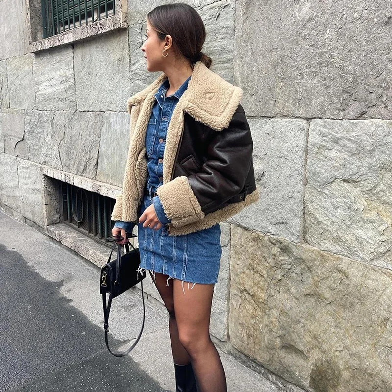 Veste en peau de mouton marron avec doublure en fourrure pour femme, pardessus d'hiver épais et chaud, mode vintage des années 90 pour filles