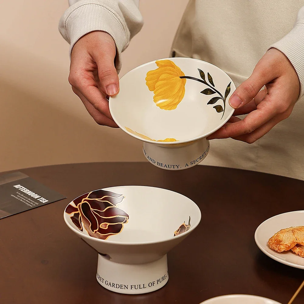 French Style High Legged Ceramic Plate Retro Floral Round Delicate Porcelain Tableware Afternoon Tea Snacks Dessert Cake Plates