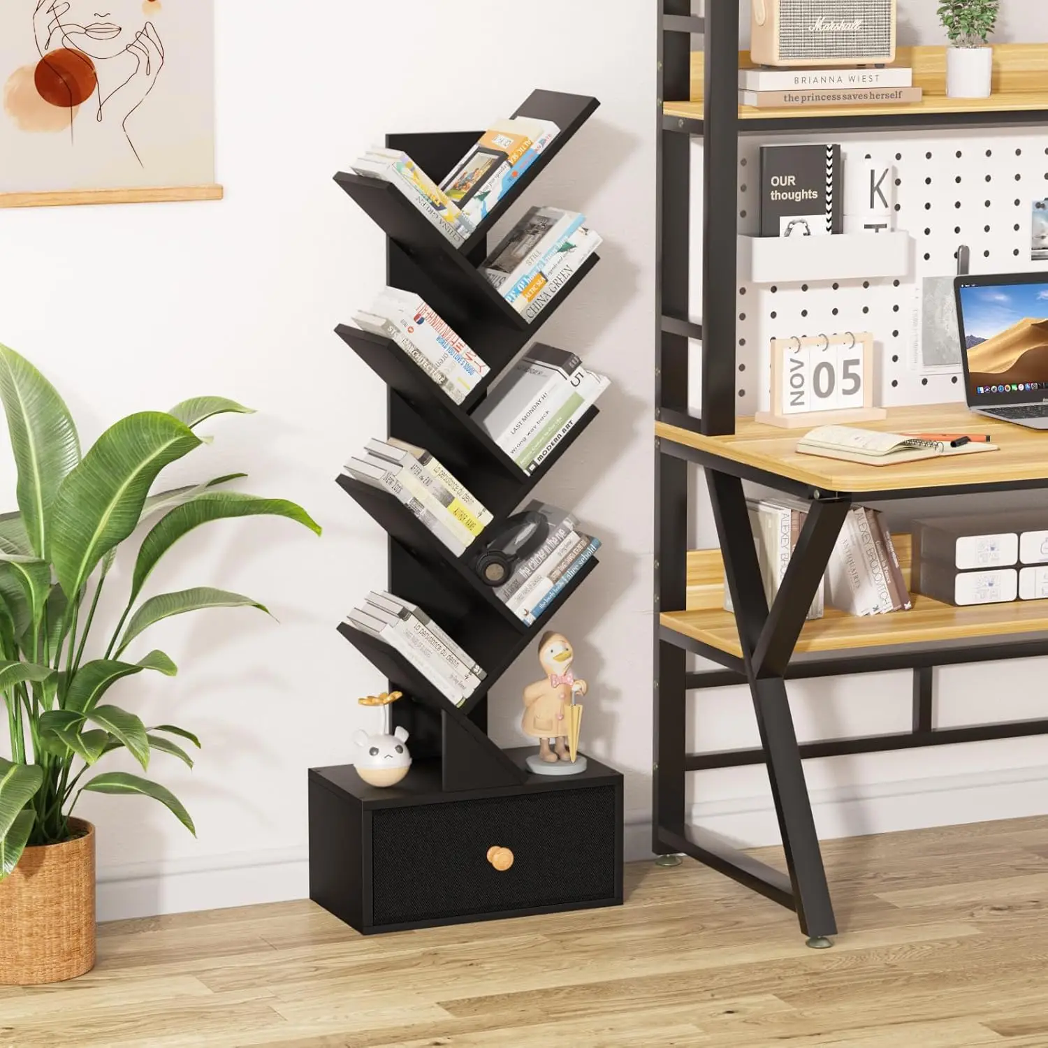 8-Tier Tree Bookshelf with Drawer, Space-Saving Wood Bookcase for Living Room, Bedroom, Home Office Storage
