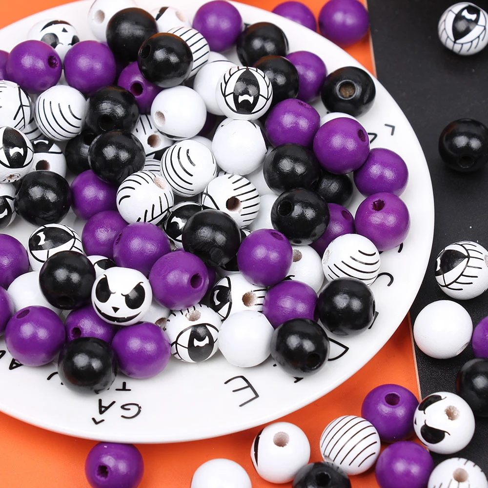 Spooky Boo Face Halloween Wood Beads SET- Multicolor Pumpkin Ghost Wooden Beads with Hemp Rope, DIY Home Decor Party Decorations