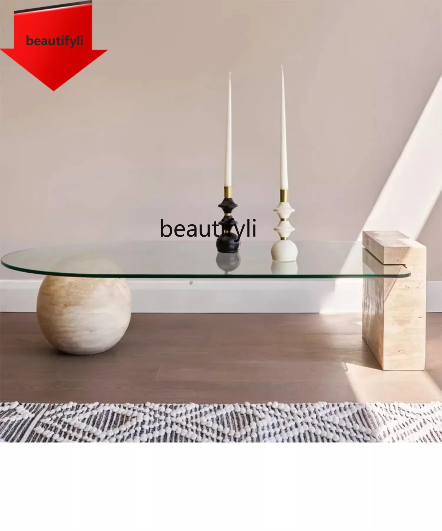 

Q181 Minimalist natural travertine, coffee table designer model room, transparent tempered glass, low coffee table