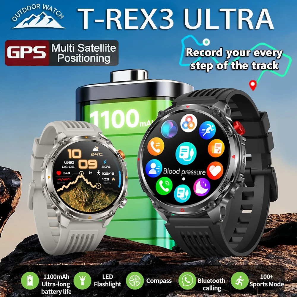 

Смарт-часы T-Rex3 Ultra с аккумулятором 1100 мАч, большой экран 1,7 дюйма, звонки по Bluetooth, спортивные часы для взрослых мужчин, новинка 2026 года