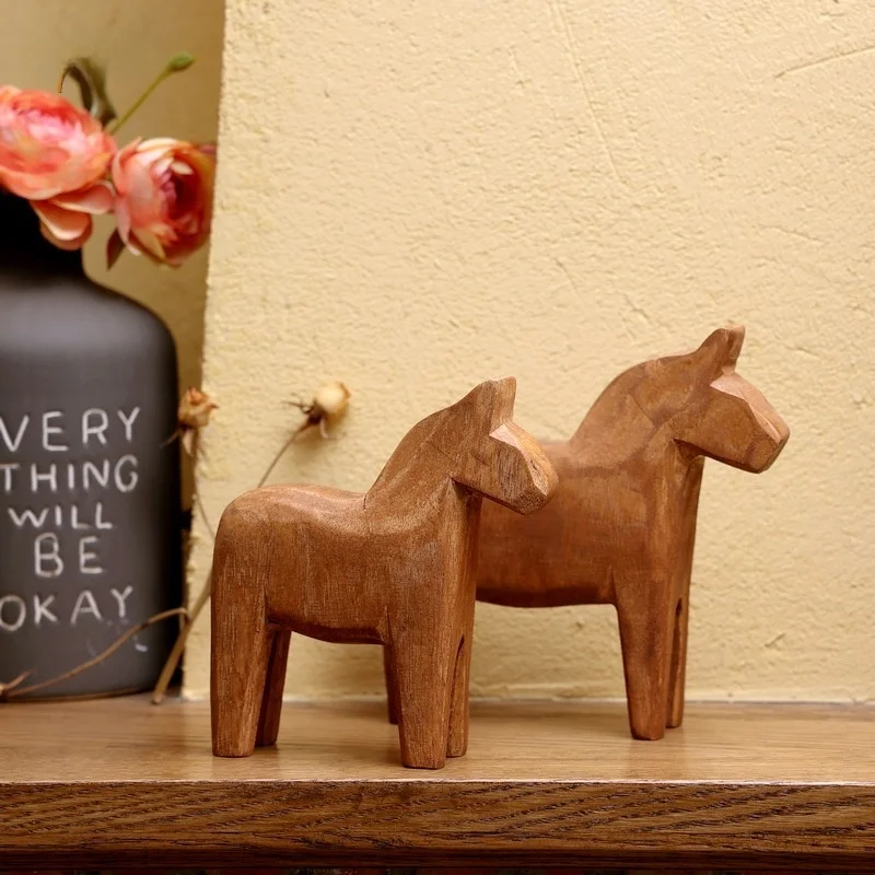 Nordic Style Handmade Wood Carving Animal Figurine Desktop Decorations Small Size  Riding Toy for Study Window Living Room