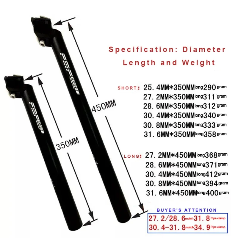 Bicycle Seat Post Extended Aluminum Alloy Black Road Mountain Bike Parts Size 25.4/27.2/28.6/30.4/30.8/31.6*350/450mm Seatpost image 6